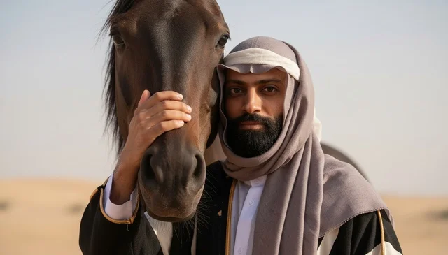 رجل سعودي مع خيله في الصحراء بالزي التقليدي