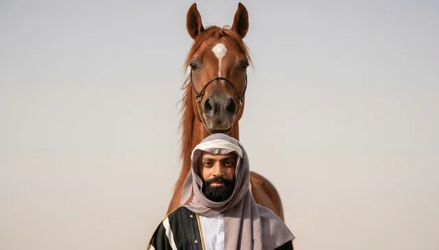 رجل سعودي مع خيل عربي في الصحراء
