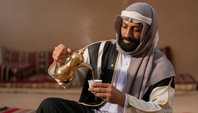 رجل سعودي يصب القهوة العربية في مجلس تقليدي