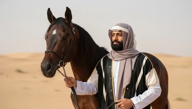 Emirati Man in Traditional Attire with Arabian Horse