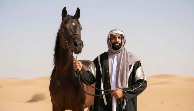 رجل سعودي يرتدي البشت التقليدي مع خيل عربي في الصحراء