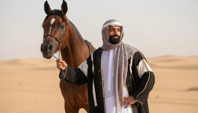 Saudi Man in Traditional Bisht with Horse in Desert