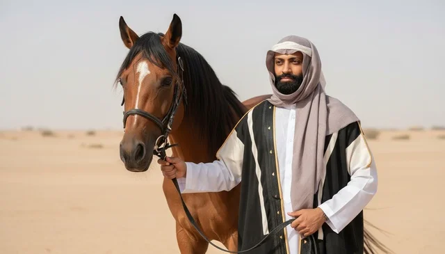 Saudi Man with Arabian Horse in Desert Saudi Man with Arabian Horse in Desert