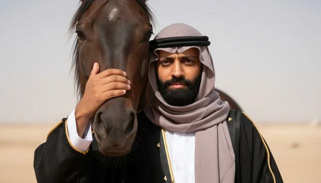 رجل سعودي بالبشت التقليدي مع خيل عربي في الصحراء