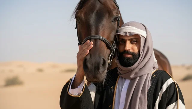 رجل سعودي بالزي التقليدي مع خيل عربي في الصحراء