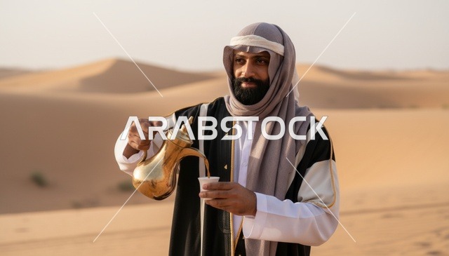 Saudi Man Pouring Arabic Coffee in Desert