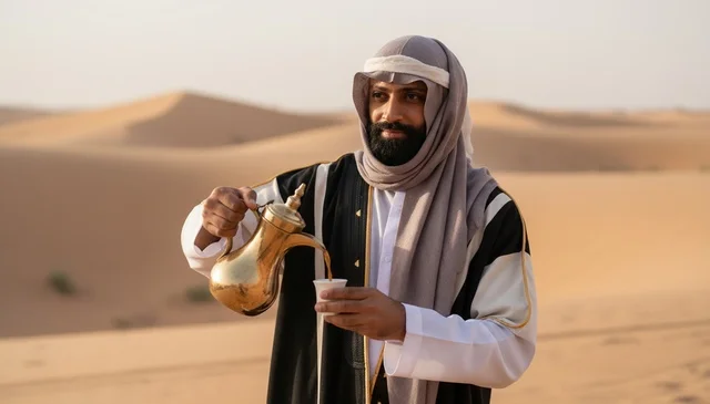 Saudi Man Pouring Arabic Coffee in Desert