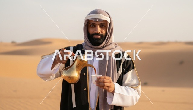 رجل إماراتي يصب القهوة العربية في صحراء الإمارات