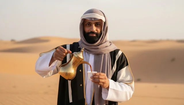 رجل إماراتي يصب القهوة العربية في صحراء الإمارات