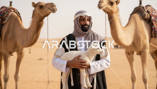 رجل سعودي يحمل حملاً مع جمال في الصحراء