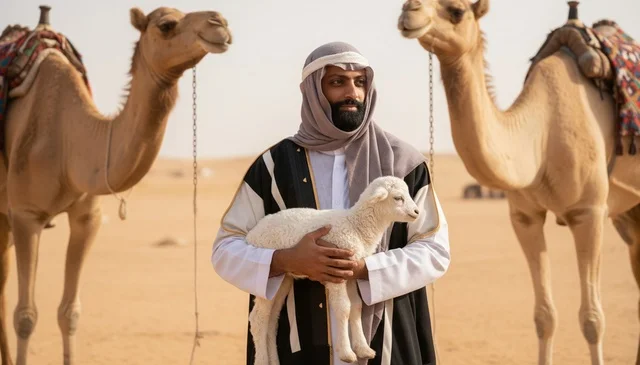Saudi Man Holding Lamb with Camels in Desert