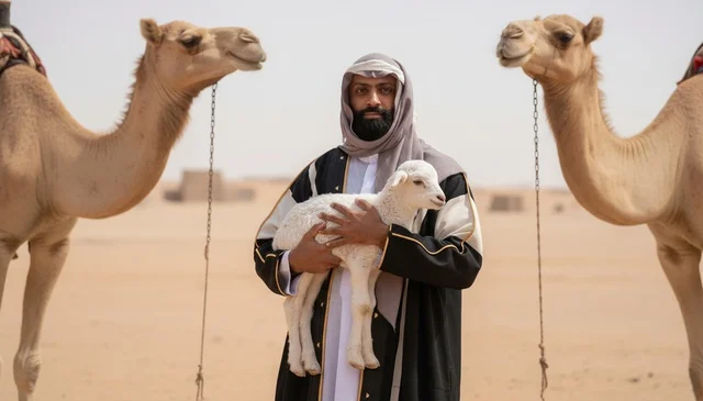 رجل سعودي بالبشت يحمل حملاً في الصحراء مع الجمال