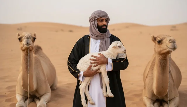 Emirati Man in Traditional Bisht Holding Lamb in Desert