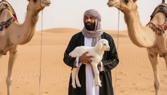 Emirati Man in Desert Holding Small White Lamb