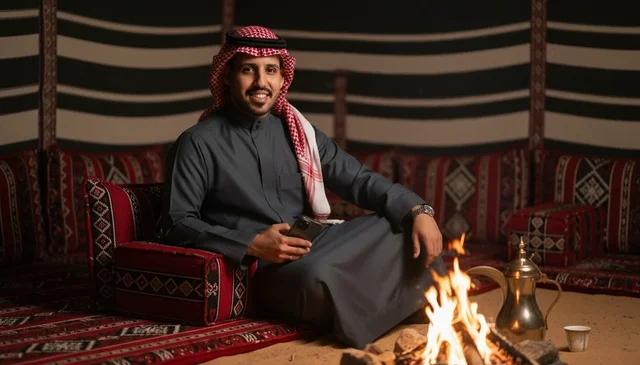 رجل سعودي بالزي التقليدي مع هاتف في الخيمة