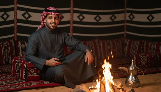 Saudi Man in Traditional Tent with Campfire and Phone