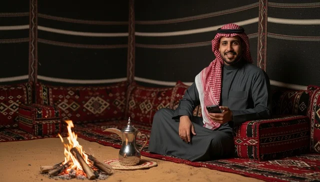 Saudi Man in Traditional Tent Using Smartphone by Fire