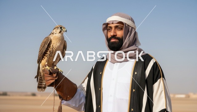رجل سعودي مع صقر في الصحراء بالنهار