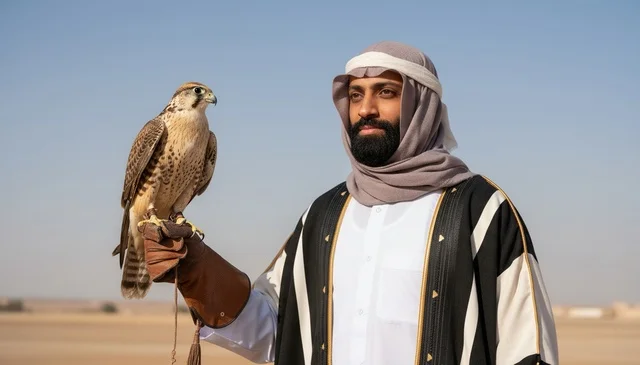 رجل سعودي مع صقر في الصحراء بالنهار