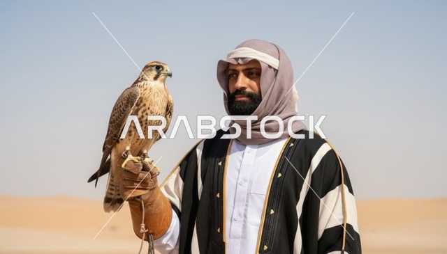 رجل سعودي يحمل صقراً في الصحراء بالزي التقليدي