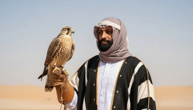 رجل سعودي يحمل صقراً في الصحراء بالزي التقليدي