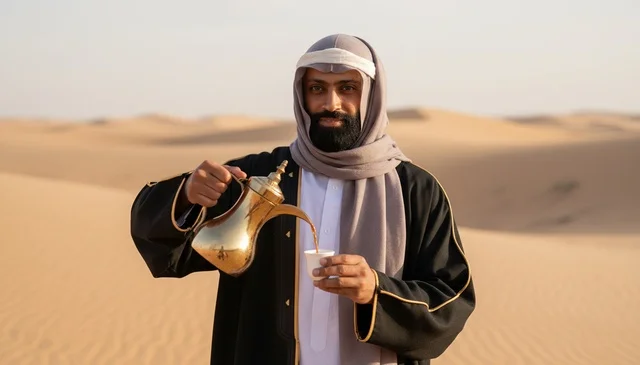 Emirati Man Pouring Arabic Coffee in Desert