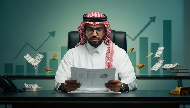رجل أعمال سعودي مع سبائك ذهب ورسوم بيانية