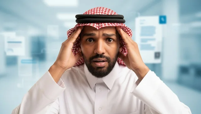 Stressed Saudi Man in Traditional Thobe in Office