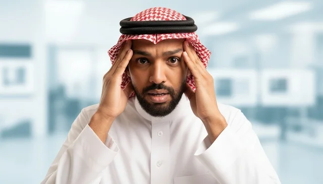 Stressed Saudi Businessman with Headache in Office