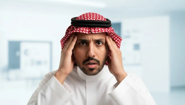 Stressed Saudi Man in Traditional Thobe in Office