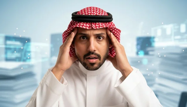 رجل سعودي في المكتب يظهر عليه التوتر والصدمة