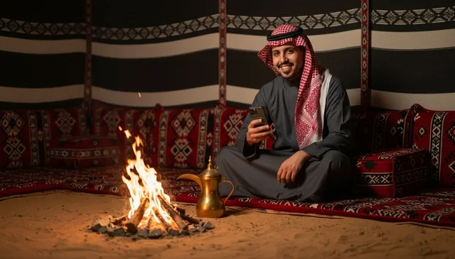 رجل سعودي في خيمة تراثية مع شبة نار وهاتف