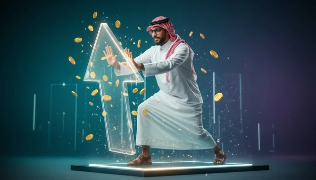 Saudi Businessman Pushing Upward Arrow Financial Growth