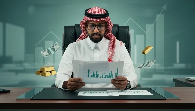 Saudi Businessman Reviewing Financial Reports in Office