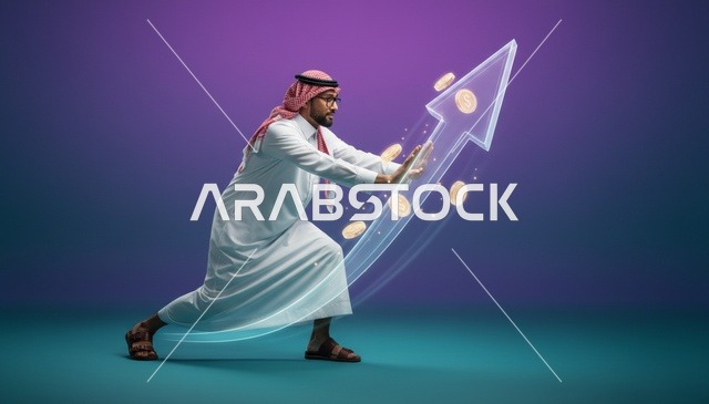 رجل سعودي يدفع سهم النمو مع عملات ذهبية في الاستوديو