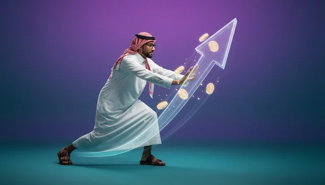 رجل سعودي يدفع سهم النمو مع عملات ذهبية في الاستوديو رجل سعودي يدفع سهم النمو مع عملات ذهبية في الاستوديو