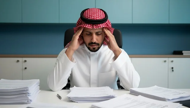 رجل أعمال سعودي تحت ضغط العمل في المكتب