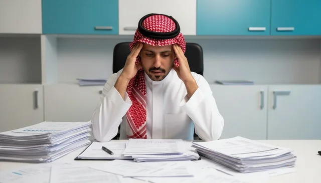 Stressed Saudi Businessman with Paperwork in Office