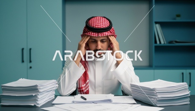 رجل سعودي يعاني من ضغط العمل في المكتب