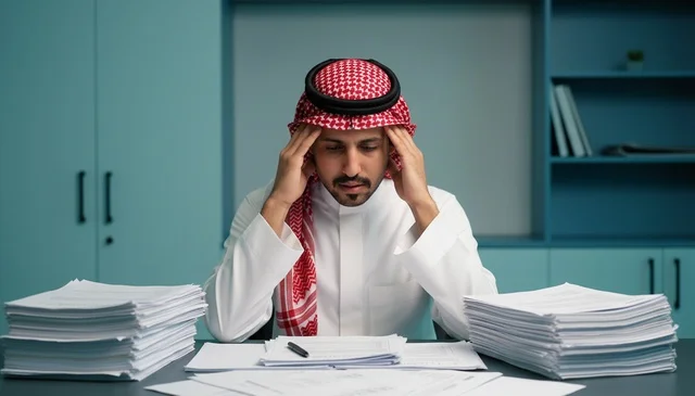 Saudi Man Stressed With Paperwork in Office