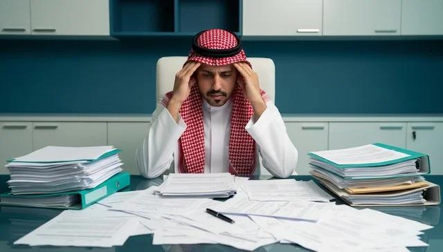 Stressed Saudi Businessman with Paperwork in Office