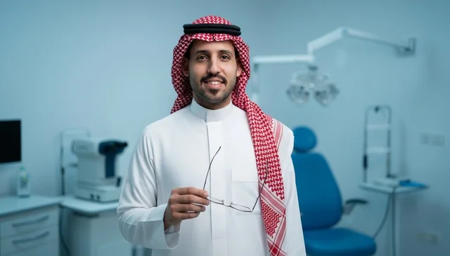 Saudi Ophthalmologist in Eye Clinic Holding Glasses