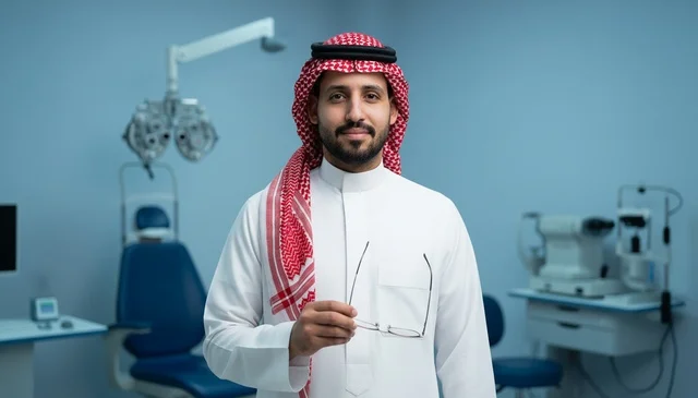 طبيب عيون سعودي يحمل نظارة طبية في عيادة فحص النظر