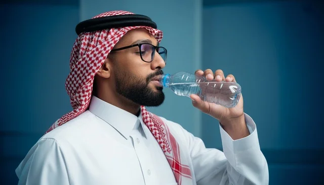 Saudi Man in Traditional Dress Drinking Water Bottle