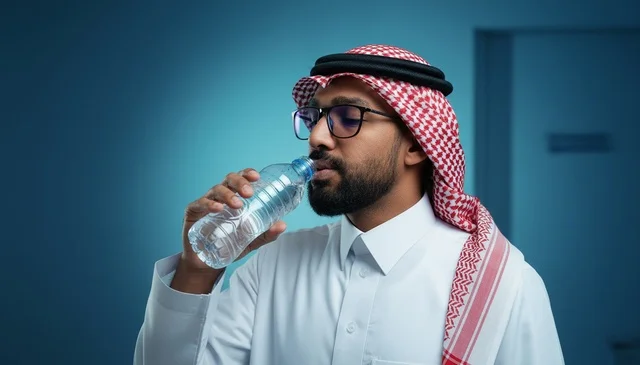 Saudi Man Drinking Water in Traditional Dress