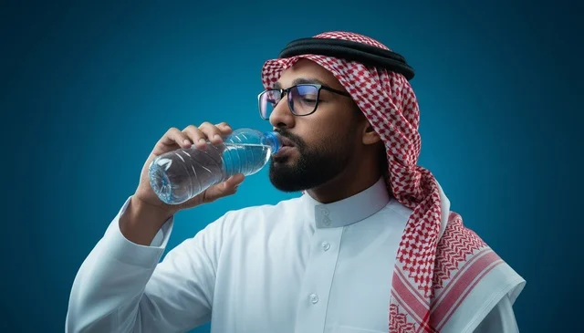 رجل سعودي يشرب الماء من زجاجة في استوديو رجل سعودي يشرب الماء من زجاجة في استوديو