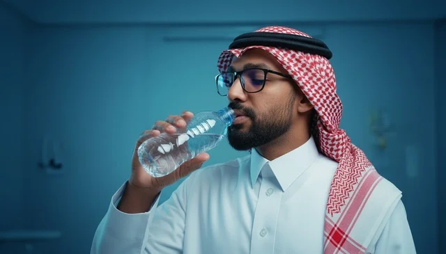 رجل سعودي بالزي التقليدي يشرب الماء رجل سعودي بالزي التقليدي يشرب الماء