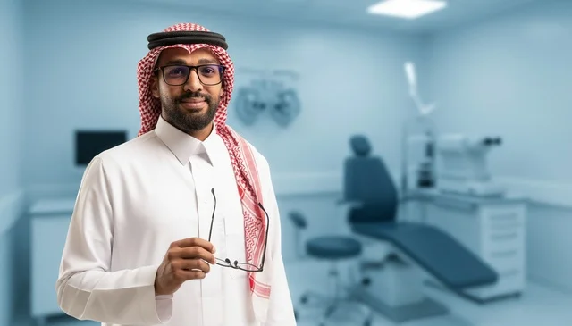طبيب عيون سعودي في عيادة فحص بصر حديثة