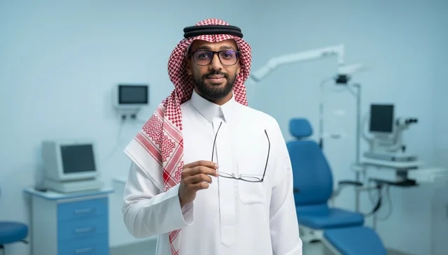 Saudi Man Wearing Glasses in Ophthalmology Clinic