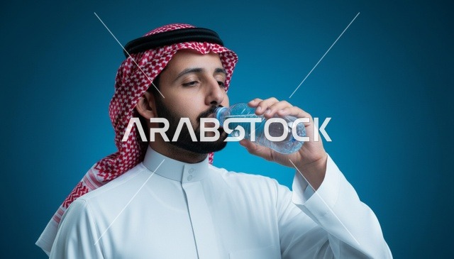 رجل سعودي يشرب الماء من زجاجة بالزي التقليدي